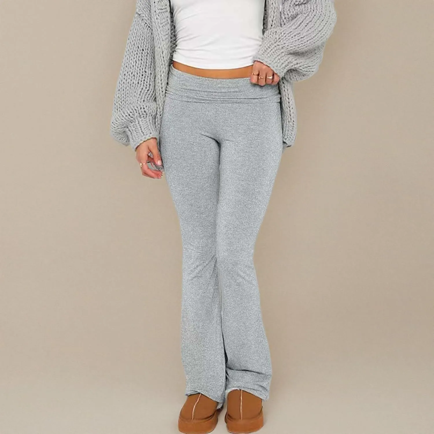 Sumleno Women Y2k Skinny Pants Flare Leggings Low Rise Fold Over Waist Bootcut Stretchy Yoga Sweatpants Lounge Streetwear