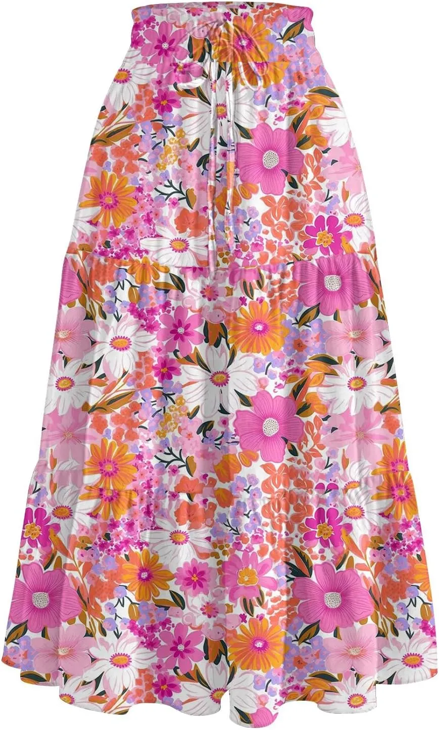Summer Skirt for Women Comfy Tiered Elastic High Waisted Floral Maxi Skirts Vacation A-Line Flowy Swing Long Skorts