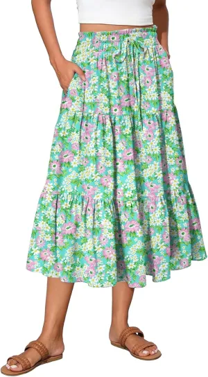 Summer Skirt for Women Comfy Tiered Elastic High Waisted Floral Maxi Skirts Vacation A-Line Flowy Swing Long Skorts