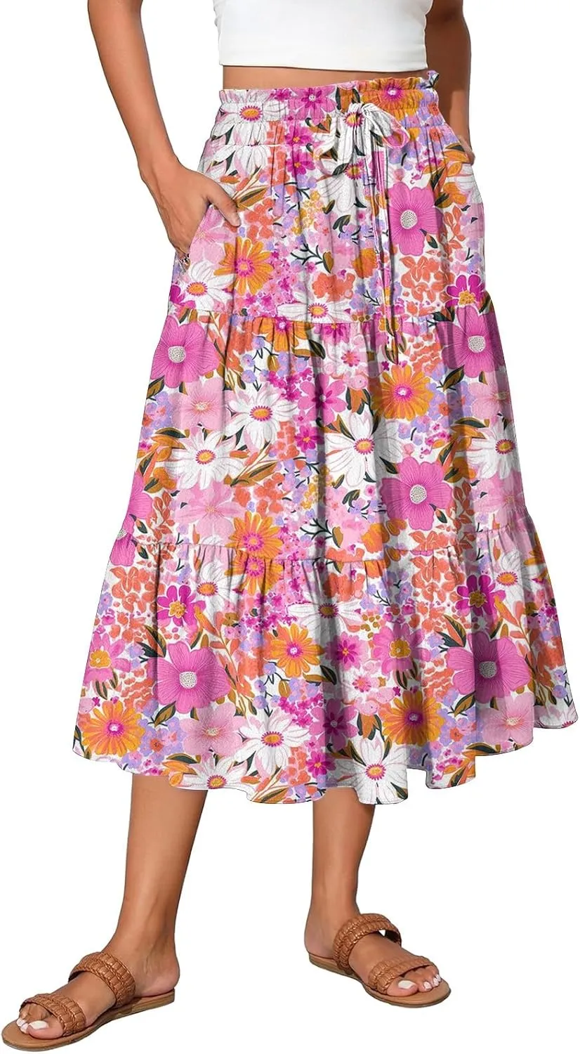 Summer Skirt for Women Comfy Tiered Elastic High Waisted Floral Maxi Skirts Vacation A-Line Flowy Swing Long Skorts