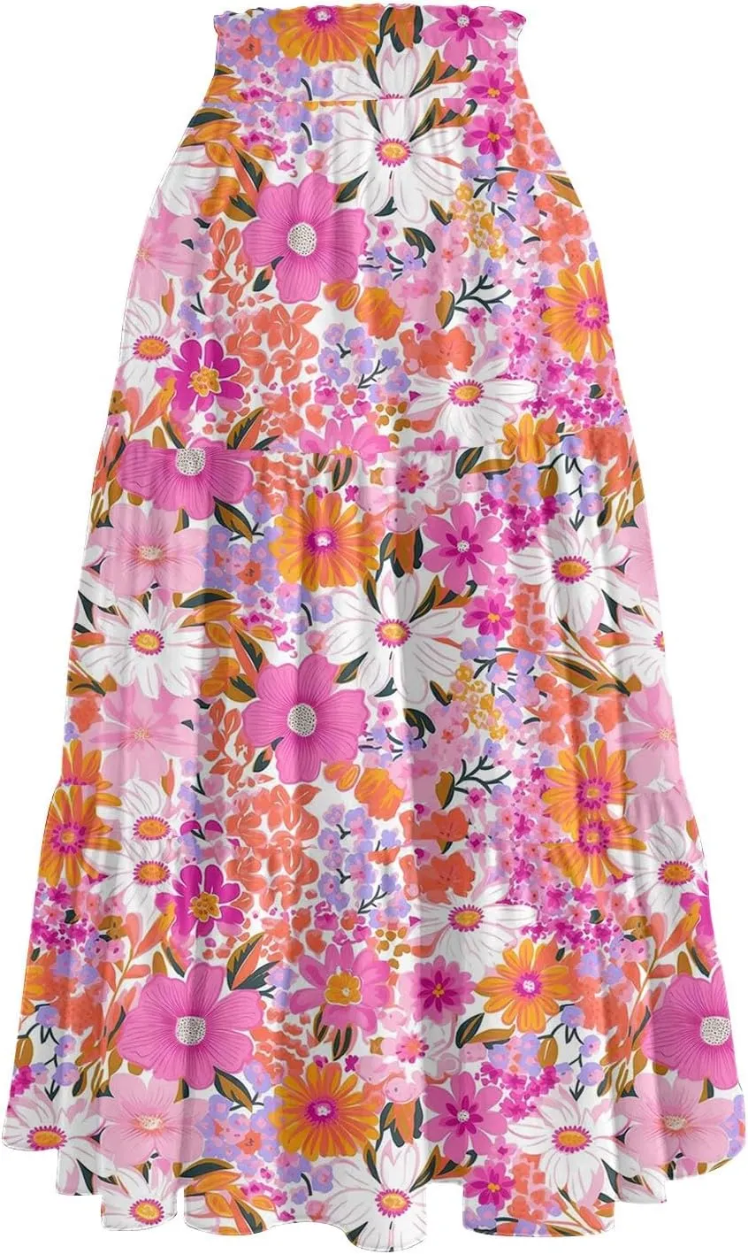 Summer Skirt for Women Comfy Tiered Elastic High Waisted Floral Maxi Skirts Vacation A-Line Flowy Swing Long Skorts