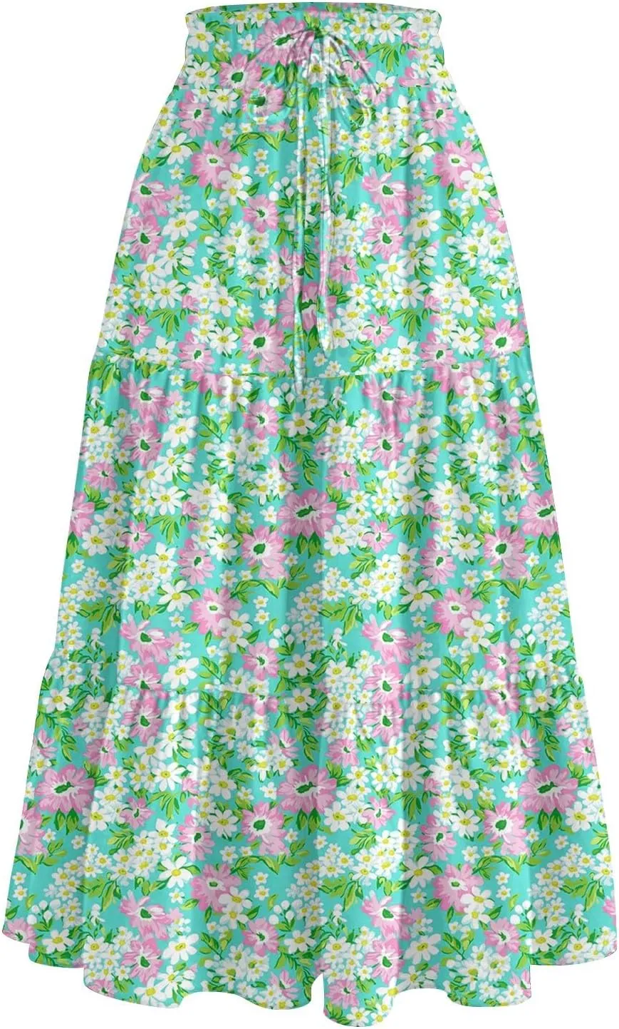 Summer Skirt for Women Comfy Tiered Elastic High Waisted Floral Maxi Skirts Vacation A-Line Flowy Swing Long Skorts