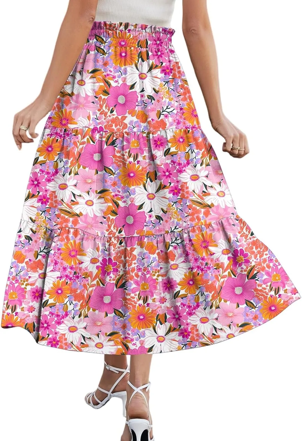 Summer Skirt for Women Comfy Tiered Elastic High Waisted Floral Maxi Skirts Vacation A-Line Flowy Swing Long Skorts