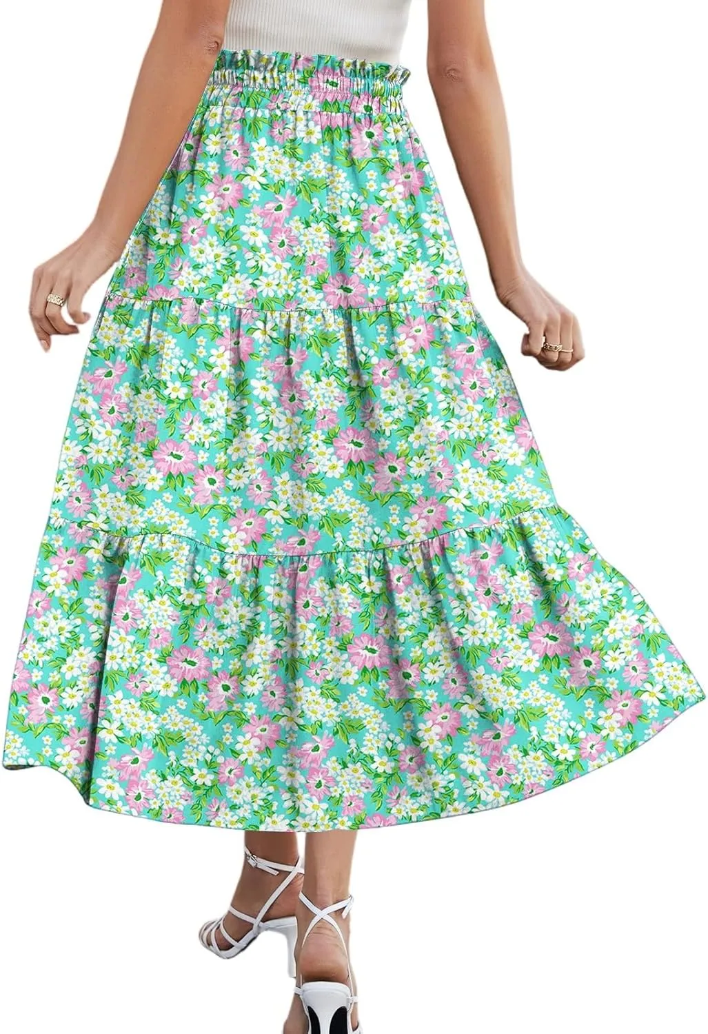 Summer Skirt for Women Comfy Tiered Elastic High Waisted Floral Maxi Skirts Vacation A-Line Flowy Swing Long Skorts