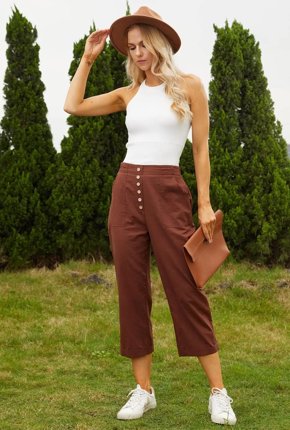 SVALIY Summer Cotton Linen Cropped Wide Leg Pants Capris Women Ladies Casual Loose Palazzo Pant Work Elastic Pocket