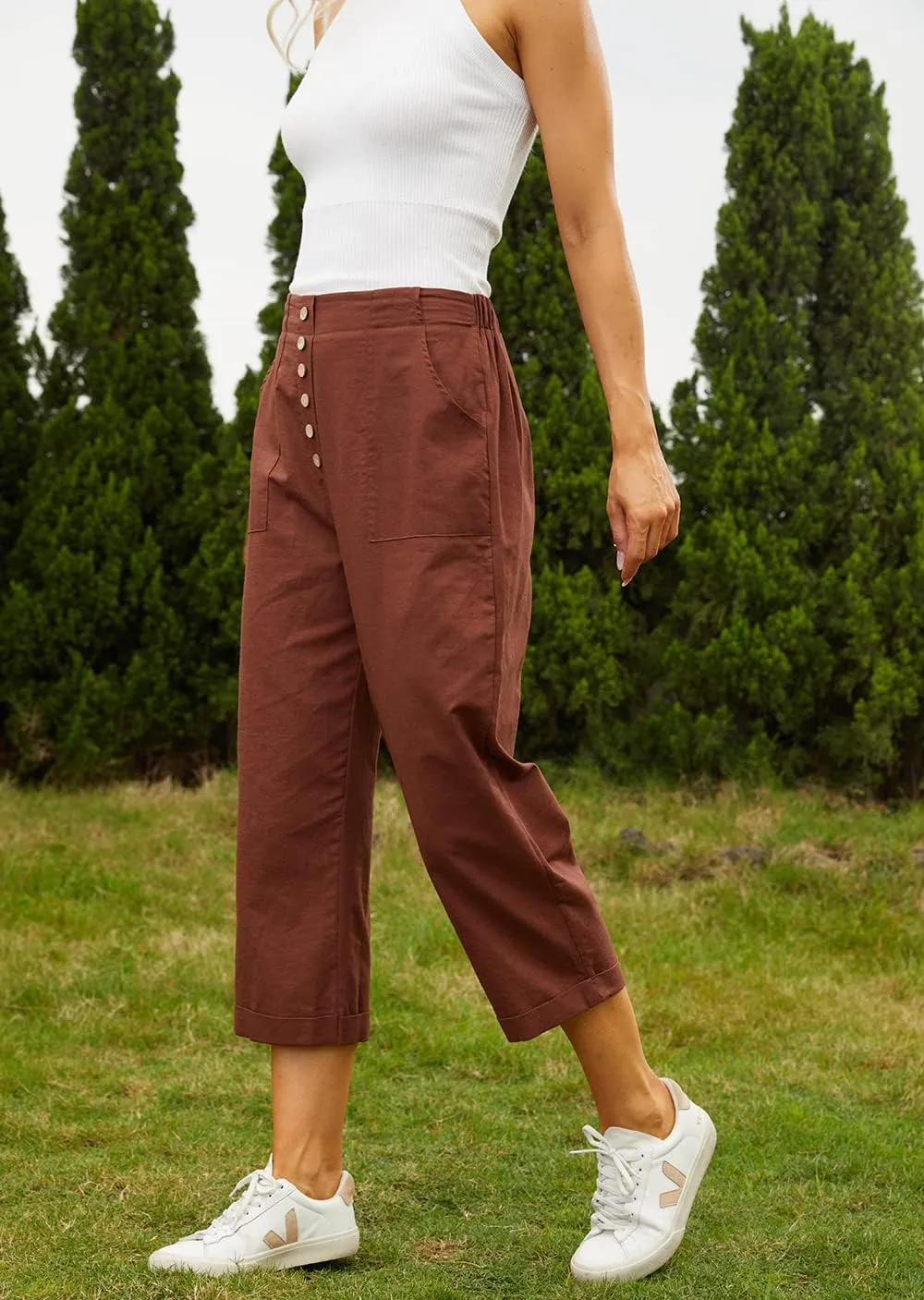 SVALIY Summer Cotton Linen Cropped Wide Leg Pants Capris Women Ladies Casual Loose Palazzo Pant Work Elastic Pocket