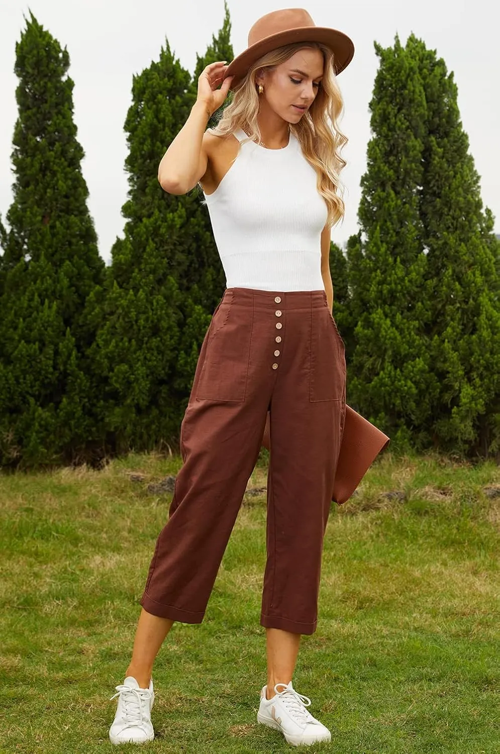 SVALIY Summer Cotton Linen Cropped Wide Leg Pants Capris Women Ladies Casual Loose Palazzo Pant Work Elastic Pocket