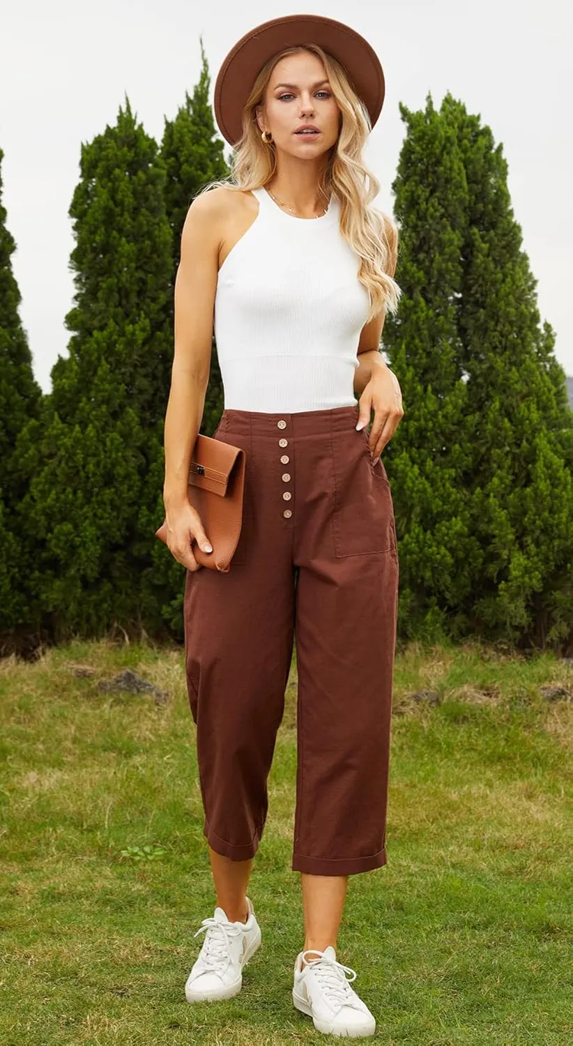 SVALIY Summer Cotton Linen Cropped Wide Leg Pants Capris Women Ladies Casual Loose Palazzo Pant Work Elastic Pocket