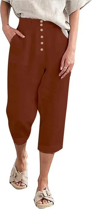 SVALIY Summer Cotton Linen Cropped Wide Leg Pants Capris Women Ladies Casual Loose Palazzo Pant Work Elastic Pocket