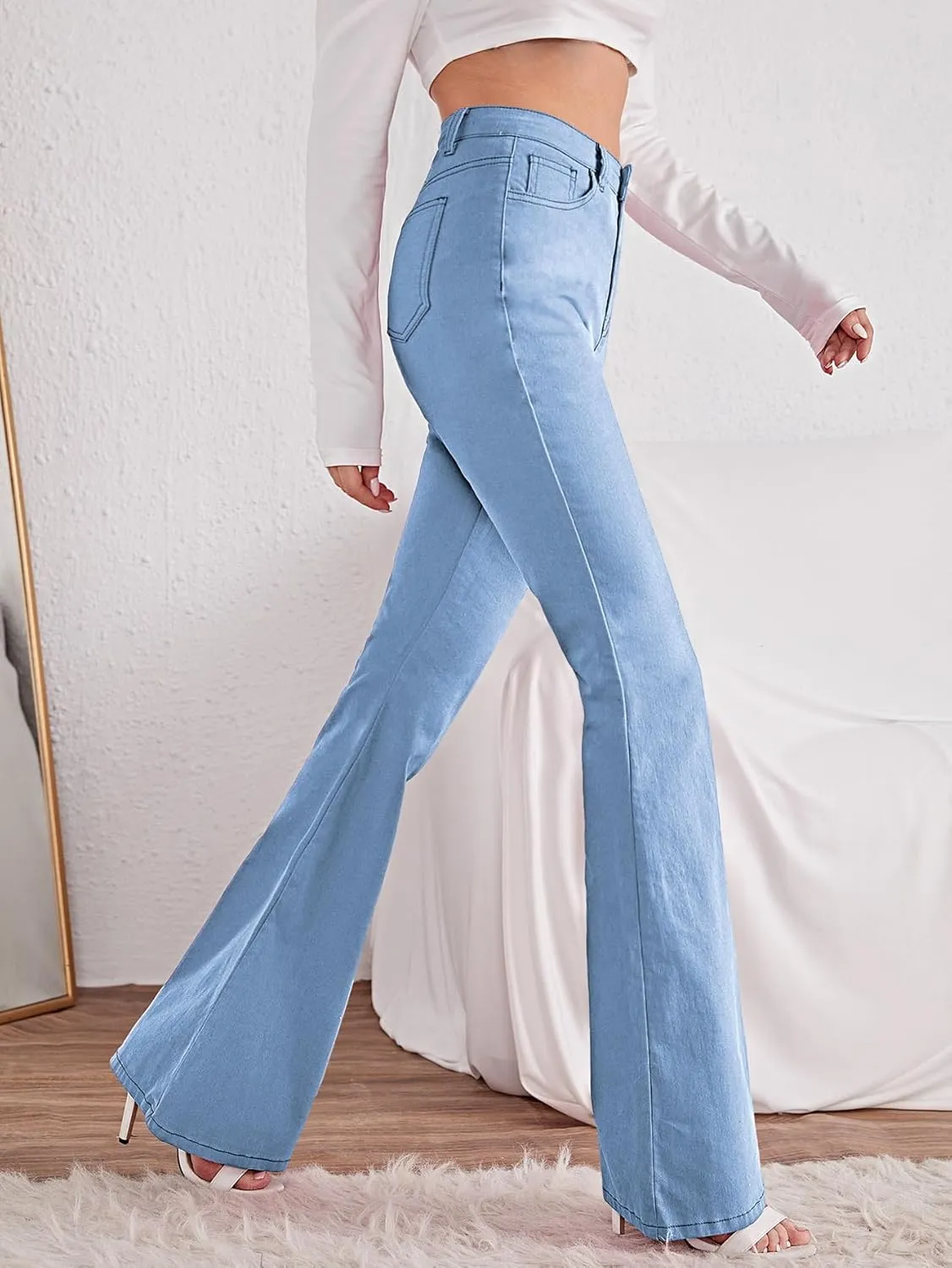 SweatyRocks Women's Casual Denim Pants Heart Print High Waist Stretchy Bell Bottom Flared Jeans