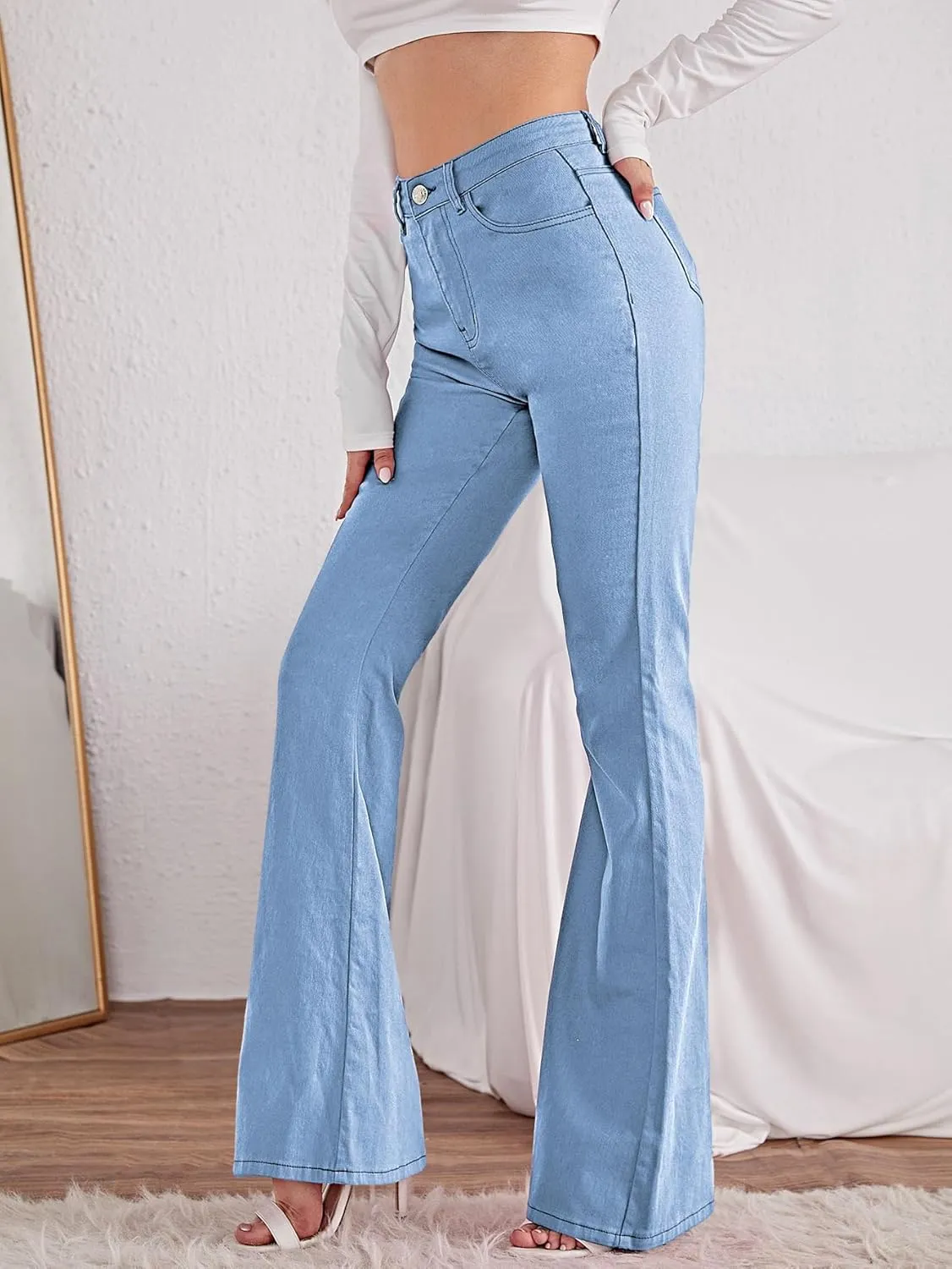 SweatyRocks Women's Casual Denim Pants Heart Print High Waist Stretchy Bell Bottom Flared Jeans