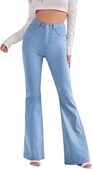 SweatyRocks Women's Casual Denim Pants Heart Print High Waist Stretchy Bell Bottom Flared Jeans