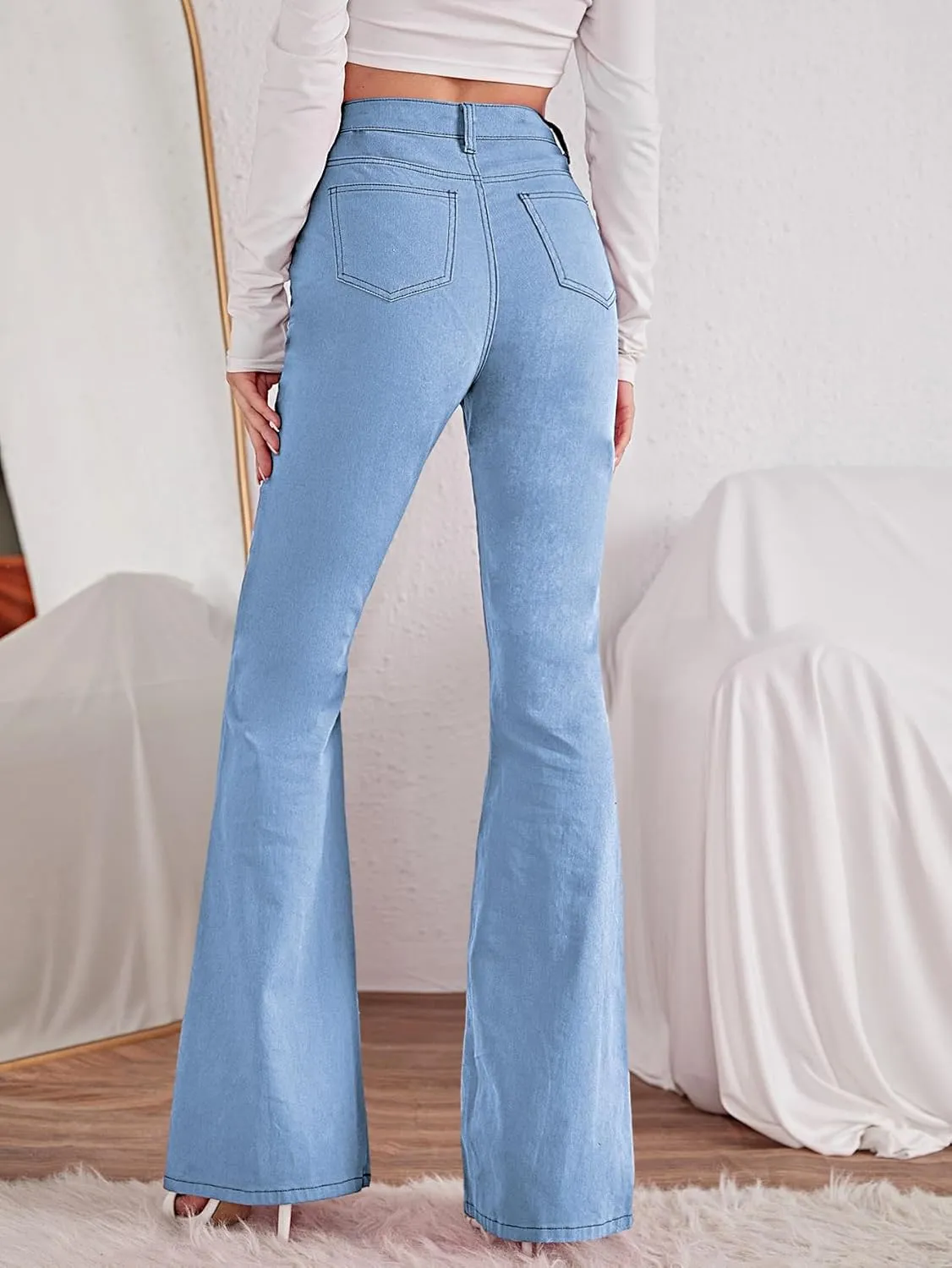 SweatyRocks Women's Casual Denim Pants Heart Print High Waist Stretchy Bell Bottom Flared Jeans