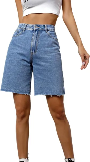 SweatyRocks Women's Casual High Waist Straight Leg Jean Shorts Raw Hem Denim Bermuda Shorts