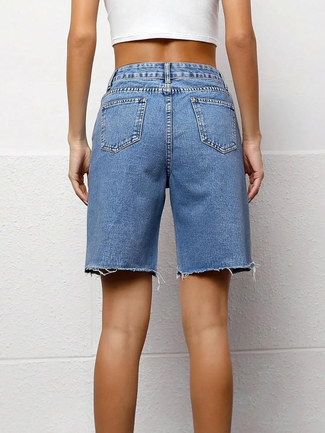 SweatyRocks Women's Casual High Waist Straight Leg Jean Shorts Raw Hem Denim Bermuda Shorts