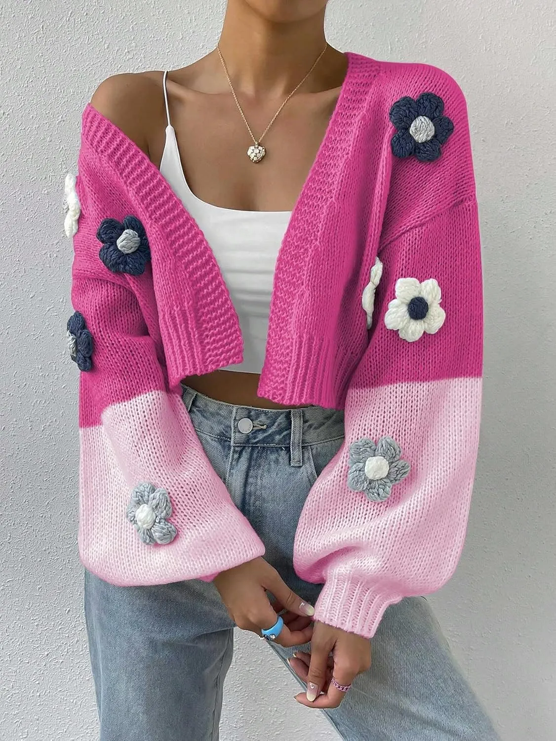 SweatyRocks Women's Graphic Embroidery Long Sleeve Loose Cardigan Open Front Knit Cardigan Crop Sweater