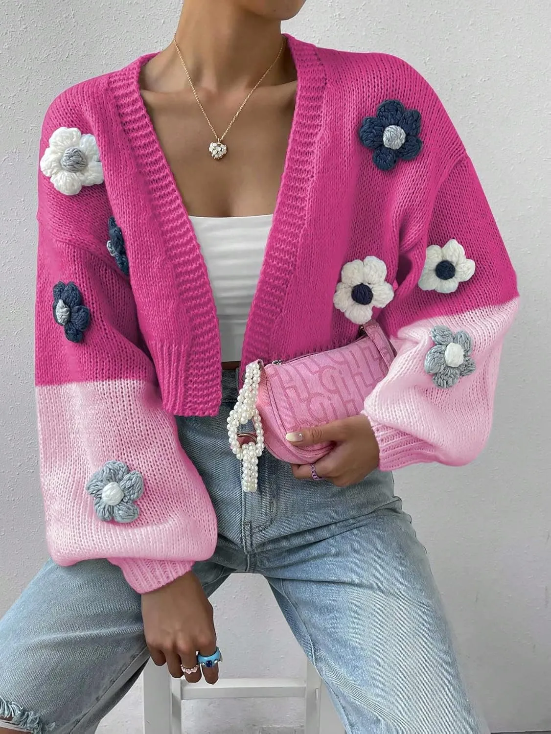SweatyRocks Women's Graphic Embroidery Long Sleeve Loose Cardigan Open Front Knit Cardigan Crop Sweater