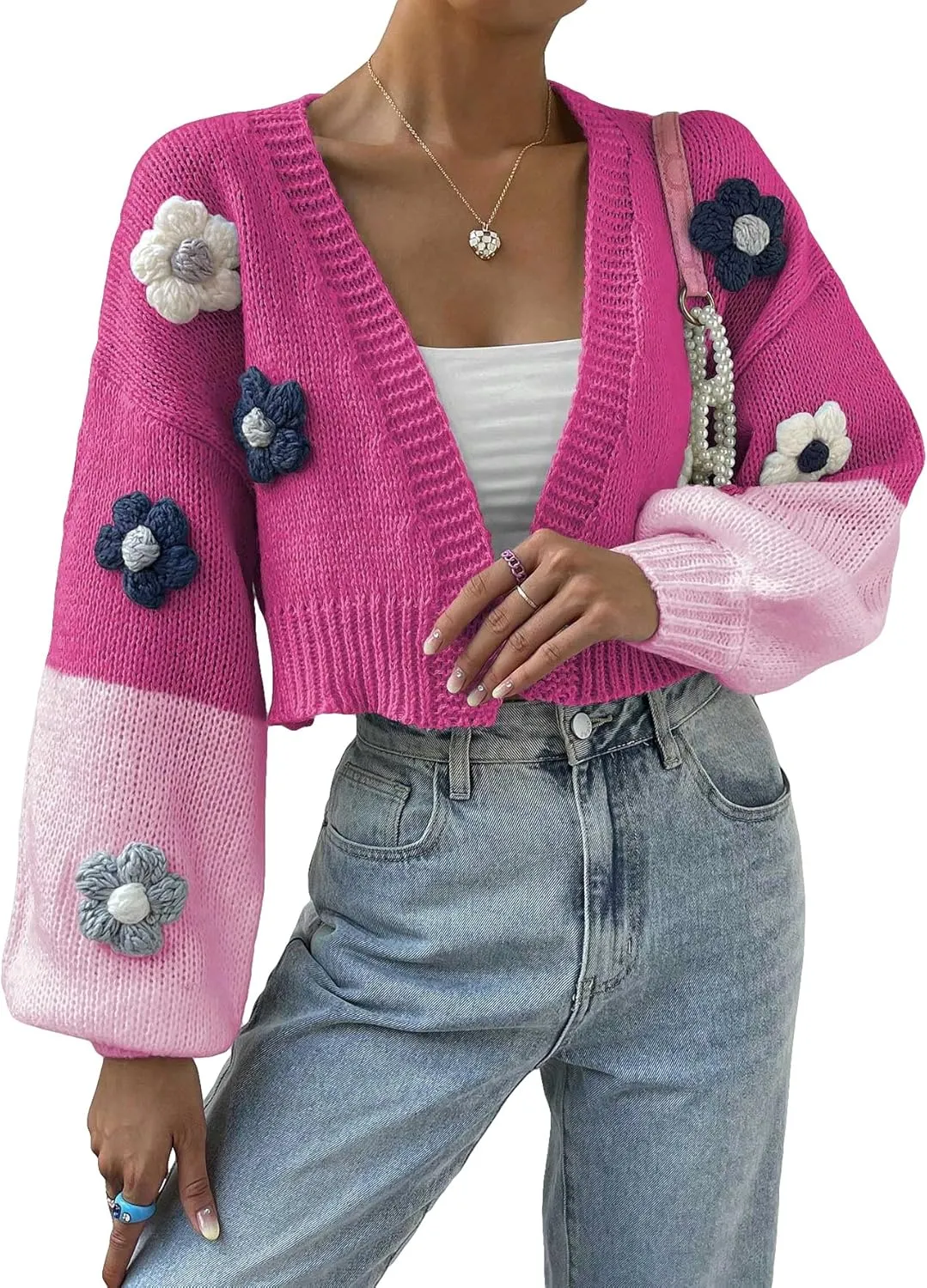 SweatyRocks Women's Graphic Embroidery Long Sleeve Loose Cardigan Open Front Knit Cardigan Crop Sweater