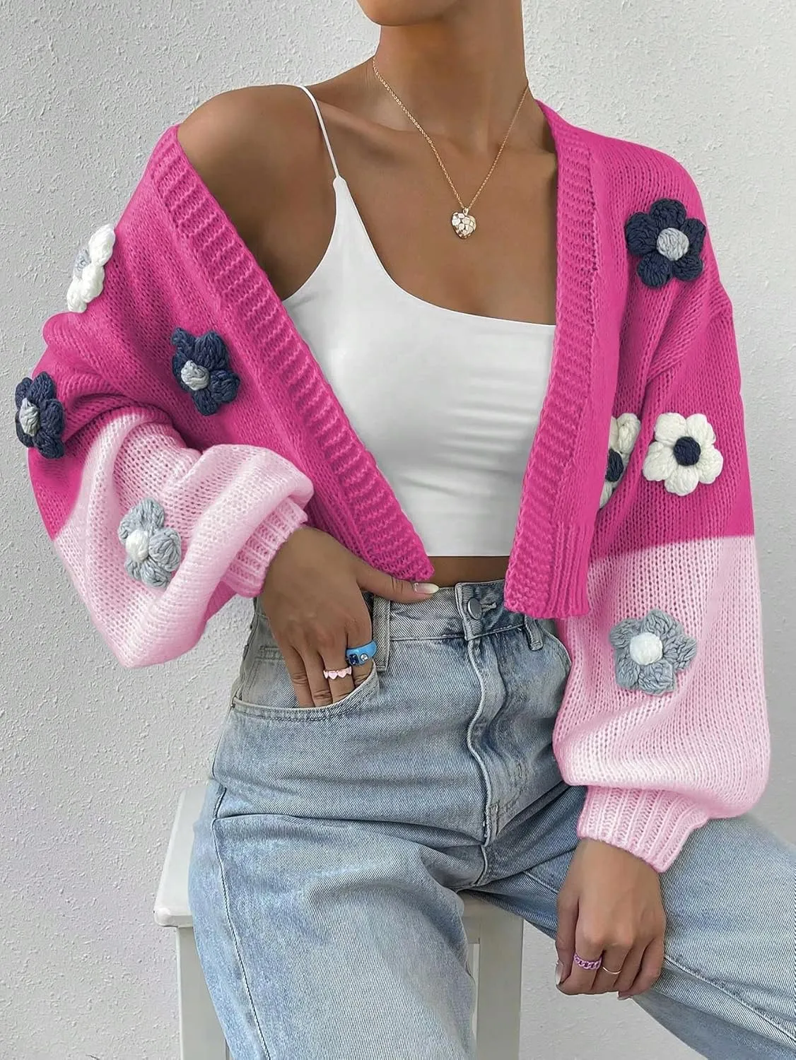 SweatyRocks Women's Graphic Embroidery Long Sleeve Loose Cardigan Open Front Knit Cardigan Crop Sweater
