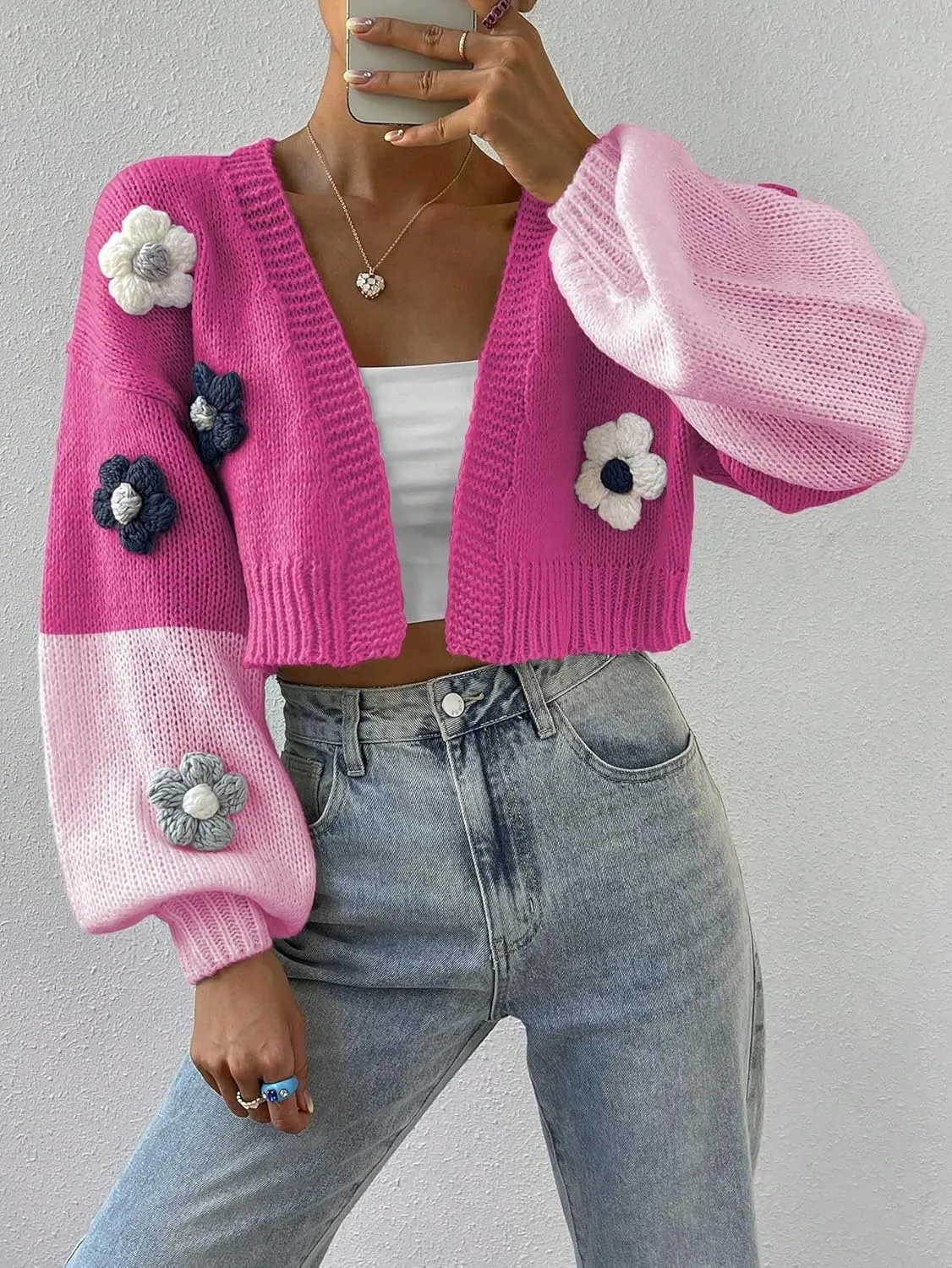 SweatyRocks Women's Graphic Embroidery Long Sleeve Loose Cardigan Open Front Knit Cardigan Crop Sweater