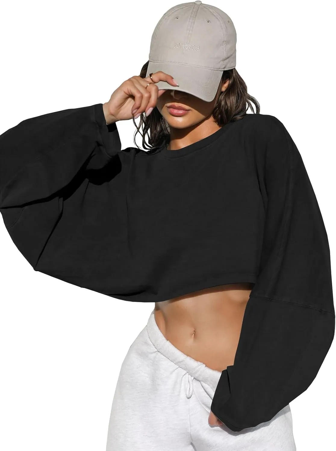 Tankaneo Womens Long Ballon Sleeve Sweatshirts Tops Cropped Crew Neck Loose Fit Casual Workout Shirts