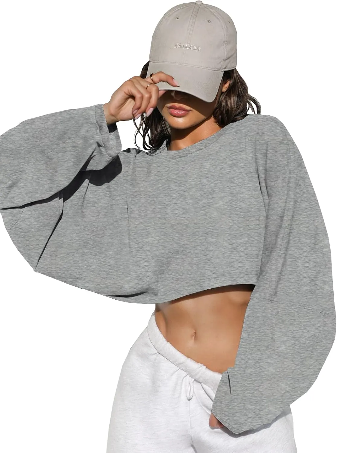 Tankaneo Womens Long Ballon Sleeve Sweatshirts Tops Cropped Crew Neck Loose Fit Casual Workout Shirts