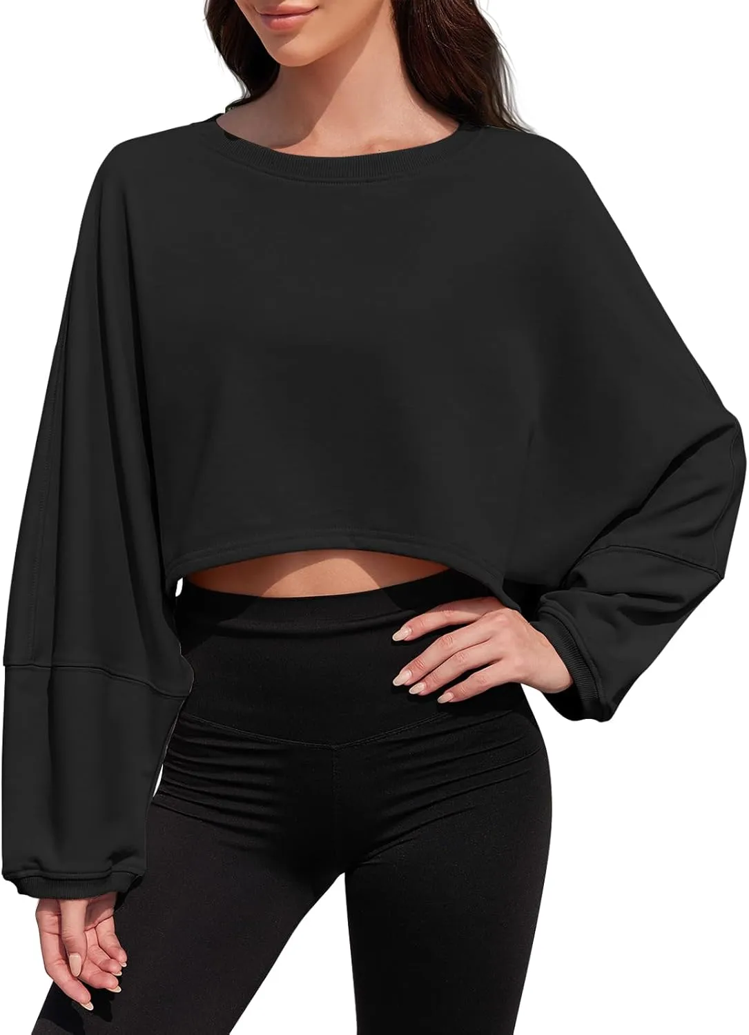 Tankaneo Womens Long Ballon Sleeve Sweatshirts Tops Cropped Crew Neck Loose Fit Casual Workout Shirts