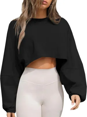 Tankaneo Womens Long Ballon Sleeve Sweatshirts Tops Cropped Crew Neck Loose Fit Casual Workout Shirts