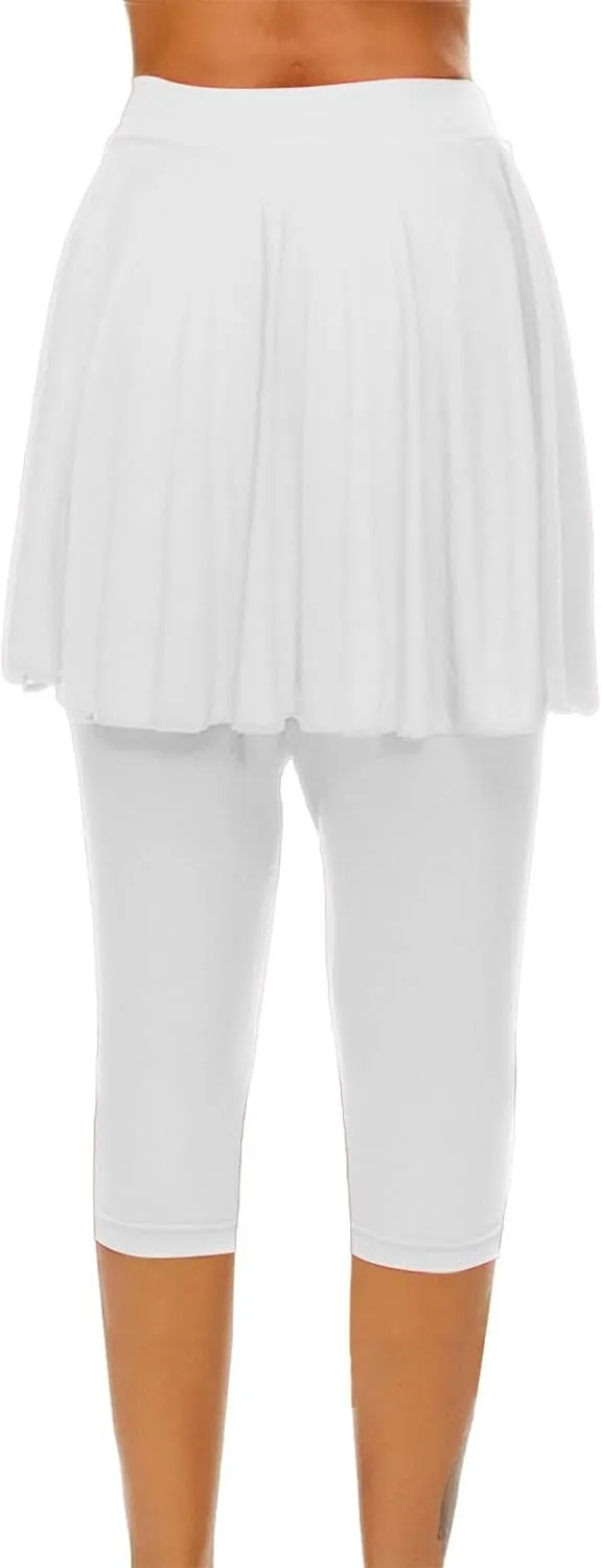 Tennis Skirted Leggings for Women Yoga Athletic Tummy Control Skort Golf Pickleball Capri Leggings with Ruffle Skirt