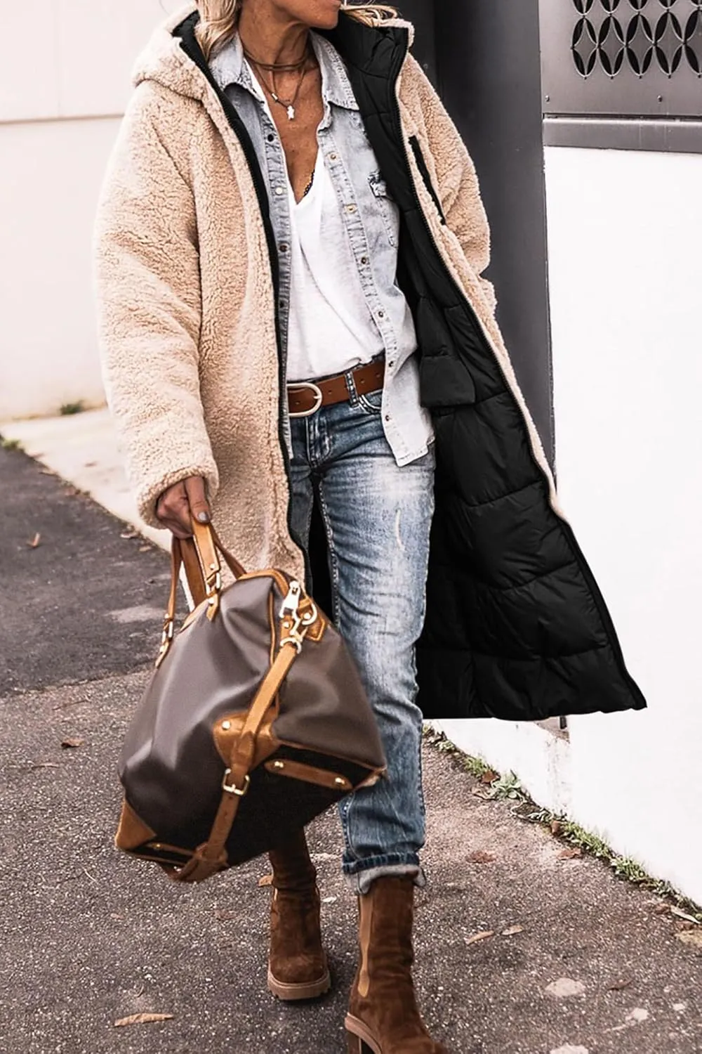Thatrich Long Puffer Coat Women Casual Reversible Fleece Jacket Coats Loose Fit Windbreaked Winter Oversized Outfits Hooded