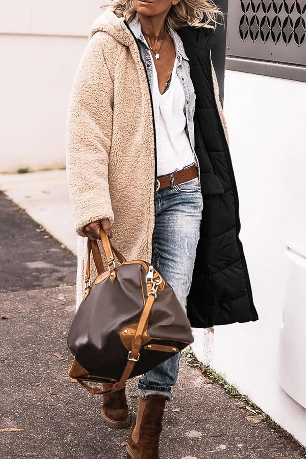 Thatrich Long Puffer Coat Women Casual Reversible Fleece Jacket Coats Loose Fit Windbreaked Winter Oversized Outfits Hooded