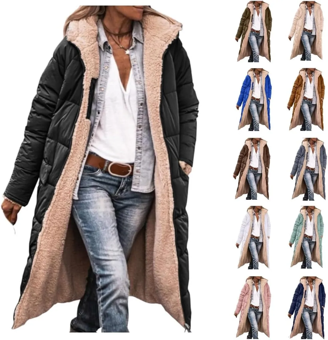 Thatrich Long Puffer Coat Women Casual Reversible Fleece Jacket Coats Loose Fit Windbreaked Winter Oversized Outfits Hooded