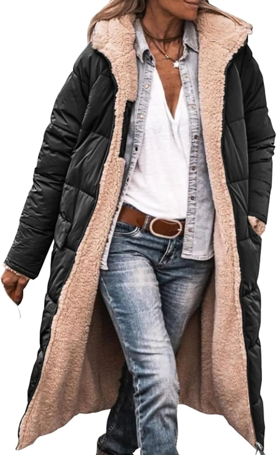 Thatrich Long Puffer Coat Women Casual Reversible Fleece Jacket Coats Loose Fit Windbreaked Winter Oversized Outfits Hooded