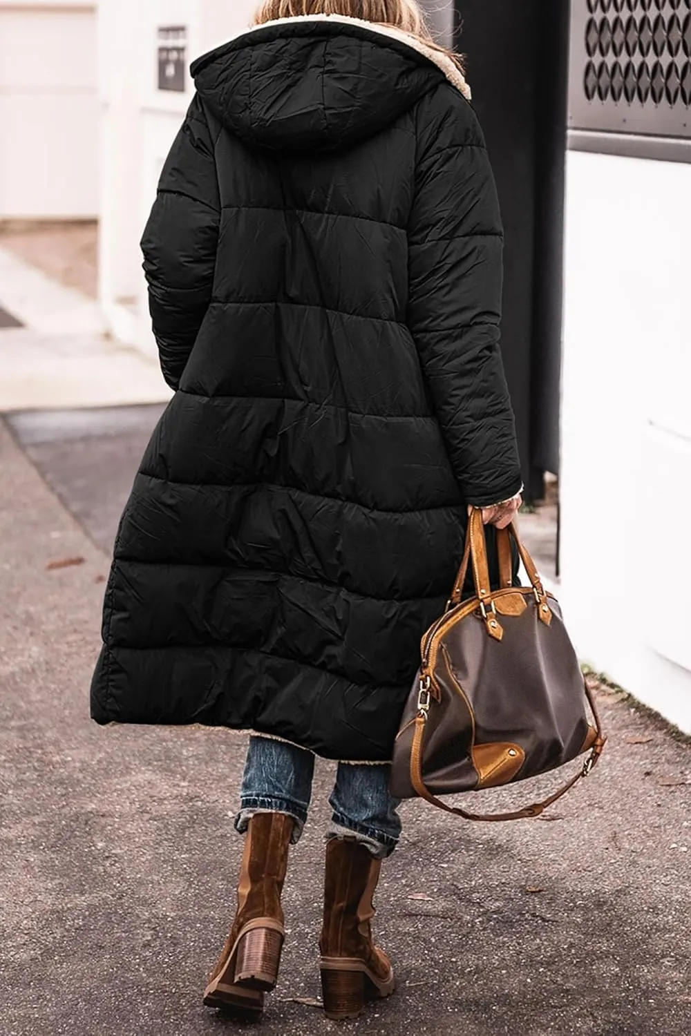 Thatrich Long Puffer Coat Women Casual Reversible Fleece Jacket Coats Loose Fit Windbreaked Winter Oversized Outfits Hooded