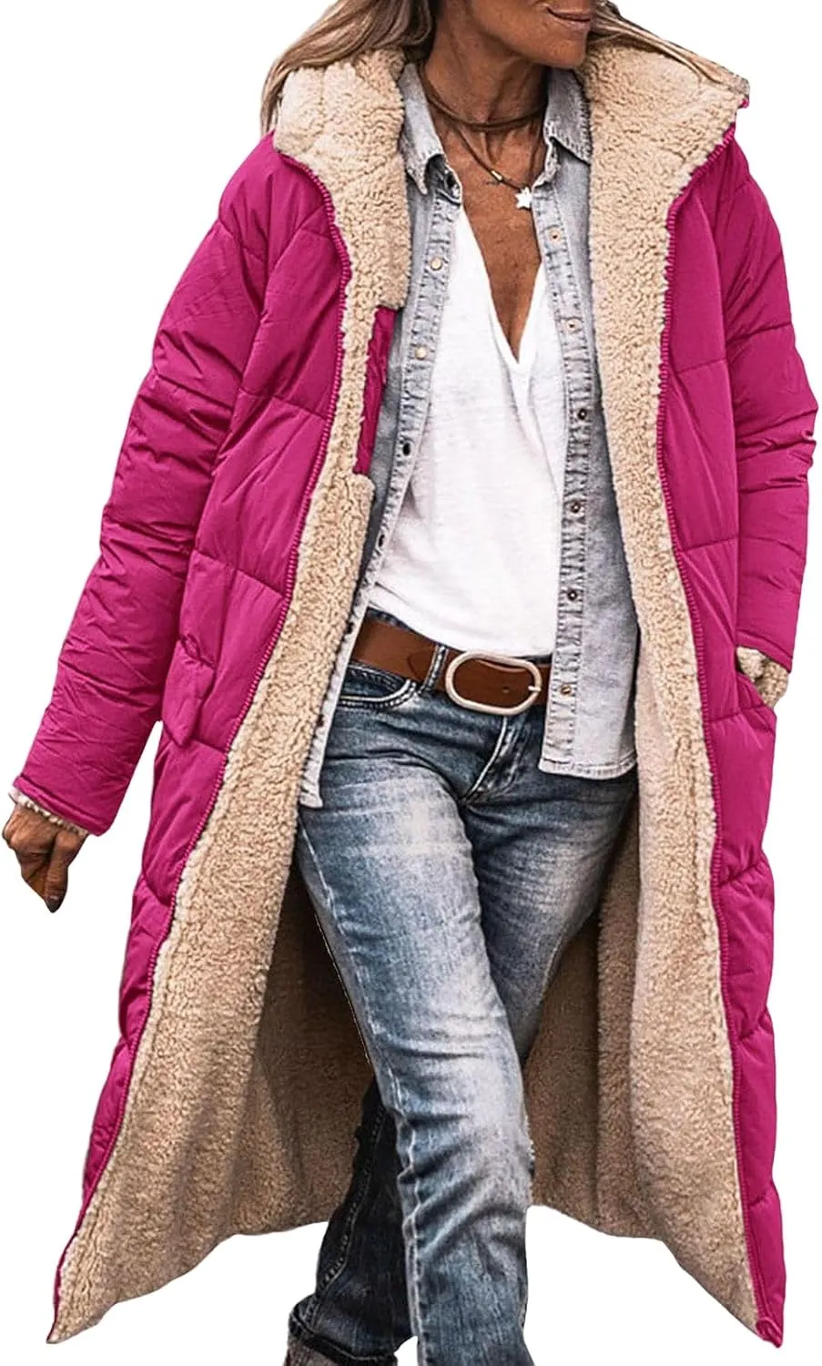 Thatrich Long Puffer Coat Women Casual Reversible Fleece Jacket Coats Loose Fit Windbreaked Winter Oversized Outfits Hooded