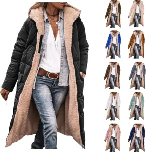 Thatrich Long Puffer Coat Women Casual Reversible Fleece Jacket Coats Loose Fit Windbreaked Winter Oversized Outfits Hooded