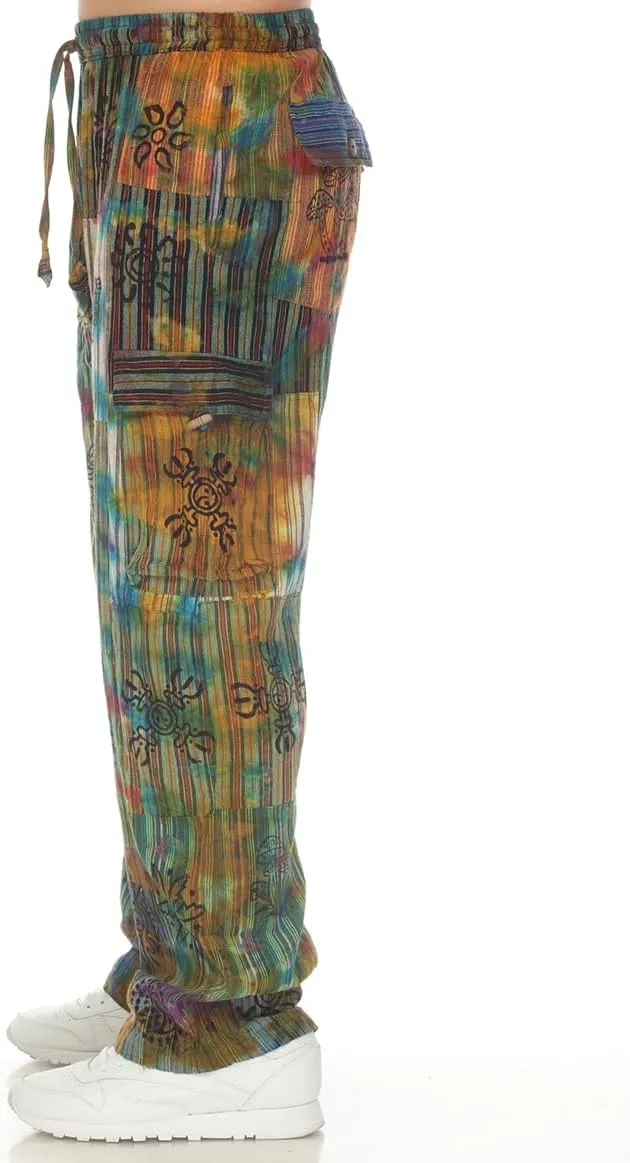 THE COLLECTION ROYAL Men Hippie Patchwork Bohemian Casual Rave Festival Harem Drawstring Boho Trouser Pants