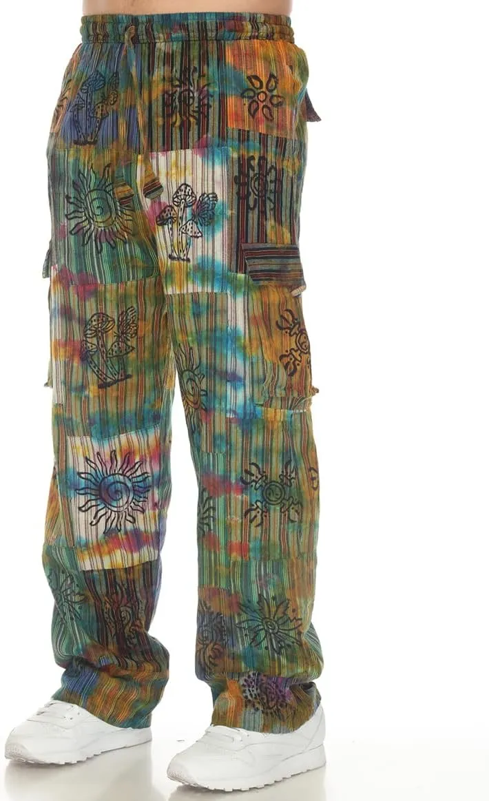 THE COLLECTION ROYAL Men Hippie Patchwork Bohemian Casual Rave Festival Harem Drawstring Boho Trouser Pants