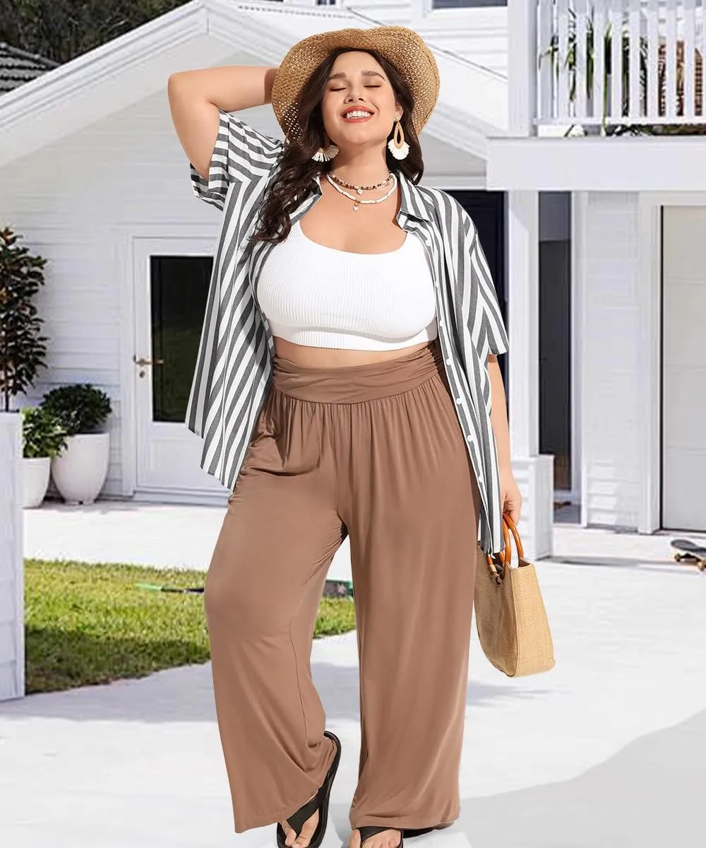 TIYOMI Plus Size Summer Pants Womens Wide Leg Lightweight Casual Soft Yoga Athletic Flowy Loose Trouser All Seasons Pant