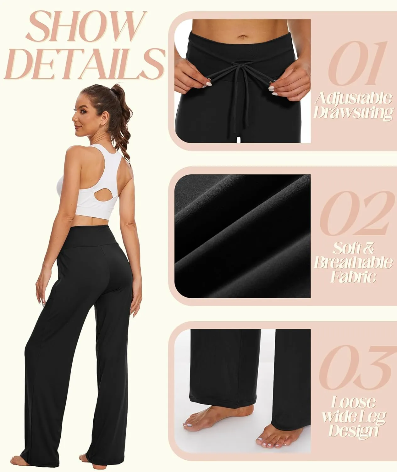 TNNZEET 3 Pack Women's Wide Leg Pants with Pockets - Casual Loose Yoga Trouser Pants Sweatpants Palazzo Lounge Pajama Pants