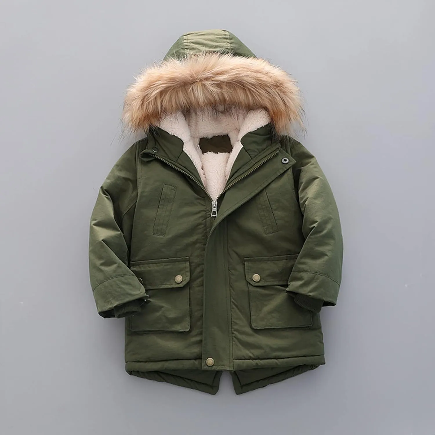 Toddler Girls Boy's Thick Cotton-Padded Parka Jacket Faux Fur Hooded Fleece Coat for Kids Midweight Winter Jacket
