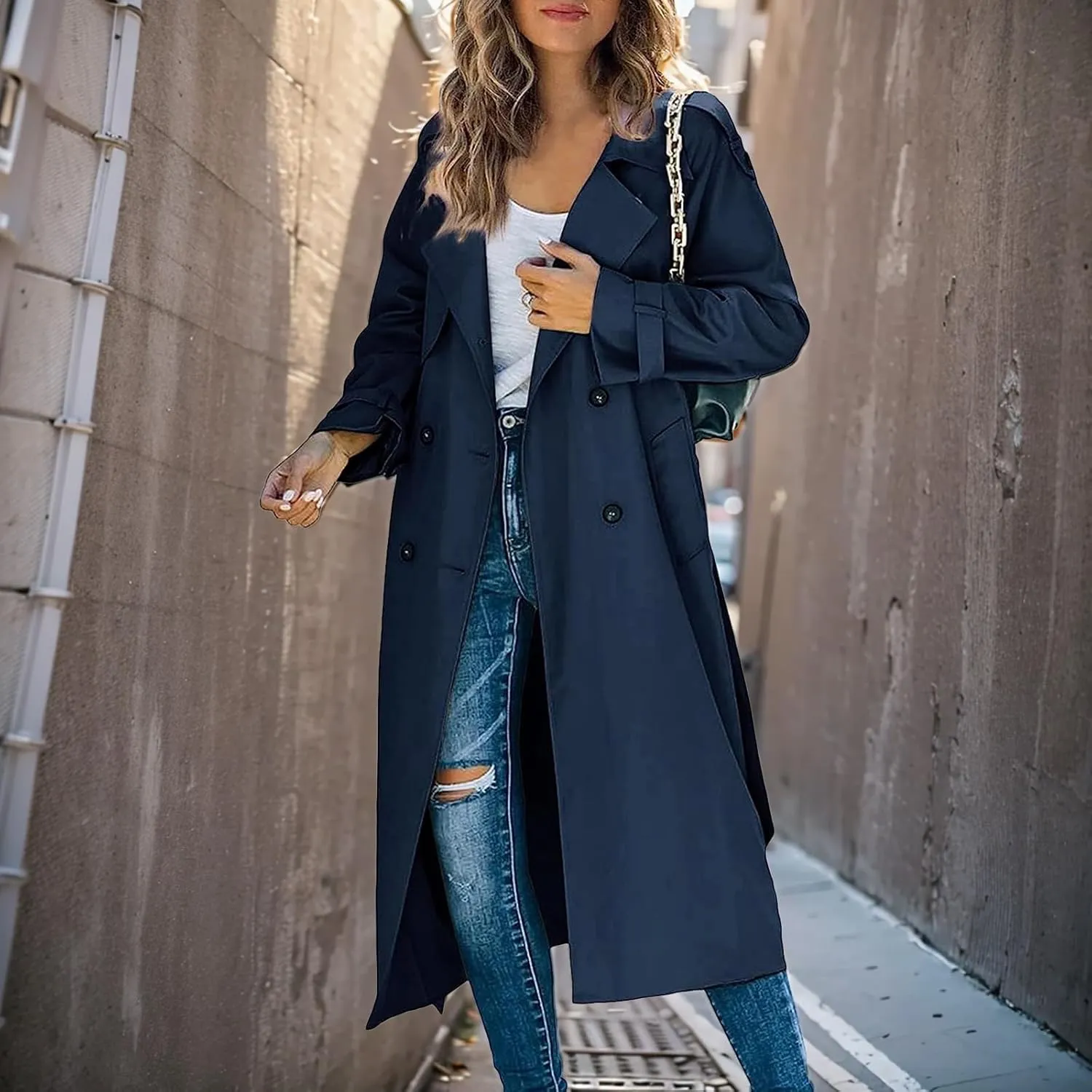 Trench Coat Women Fall Jackets Women's Double Breasted Long Trench Coats Windproof Classic Slim Overcoat with Belt