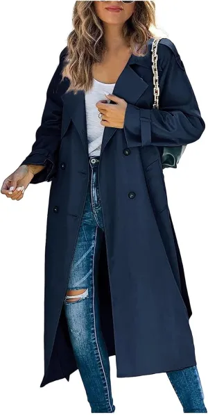 Trench Coat Women Fall Jackets Women's Double Breasted Long Trench Coats Windproof Classic Slim Overcoat with Belt