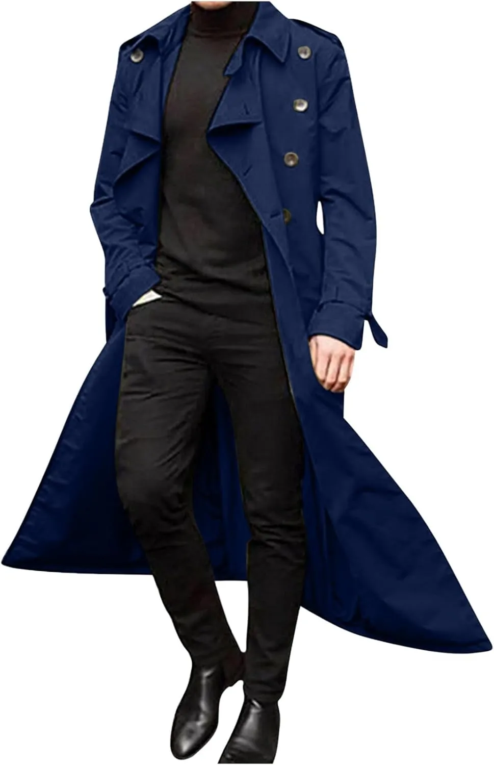Trench Coats for Men Fall Long Jackets Double Breasted Overcoat Long Sleeve Tops Casual Business Outerwear with Pocket