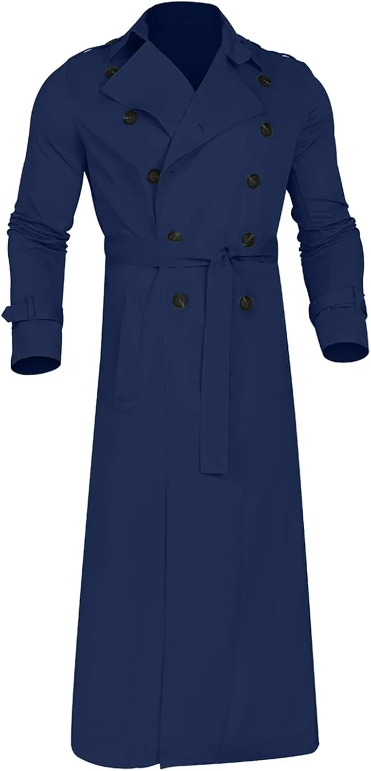 Trench Coats for Men Fall Long Jackets Double Breasted Overcoat Long Sleeve Tops Casual Business Outerwear with Pocket