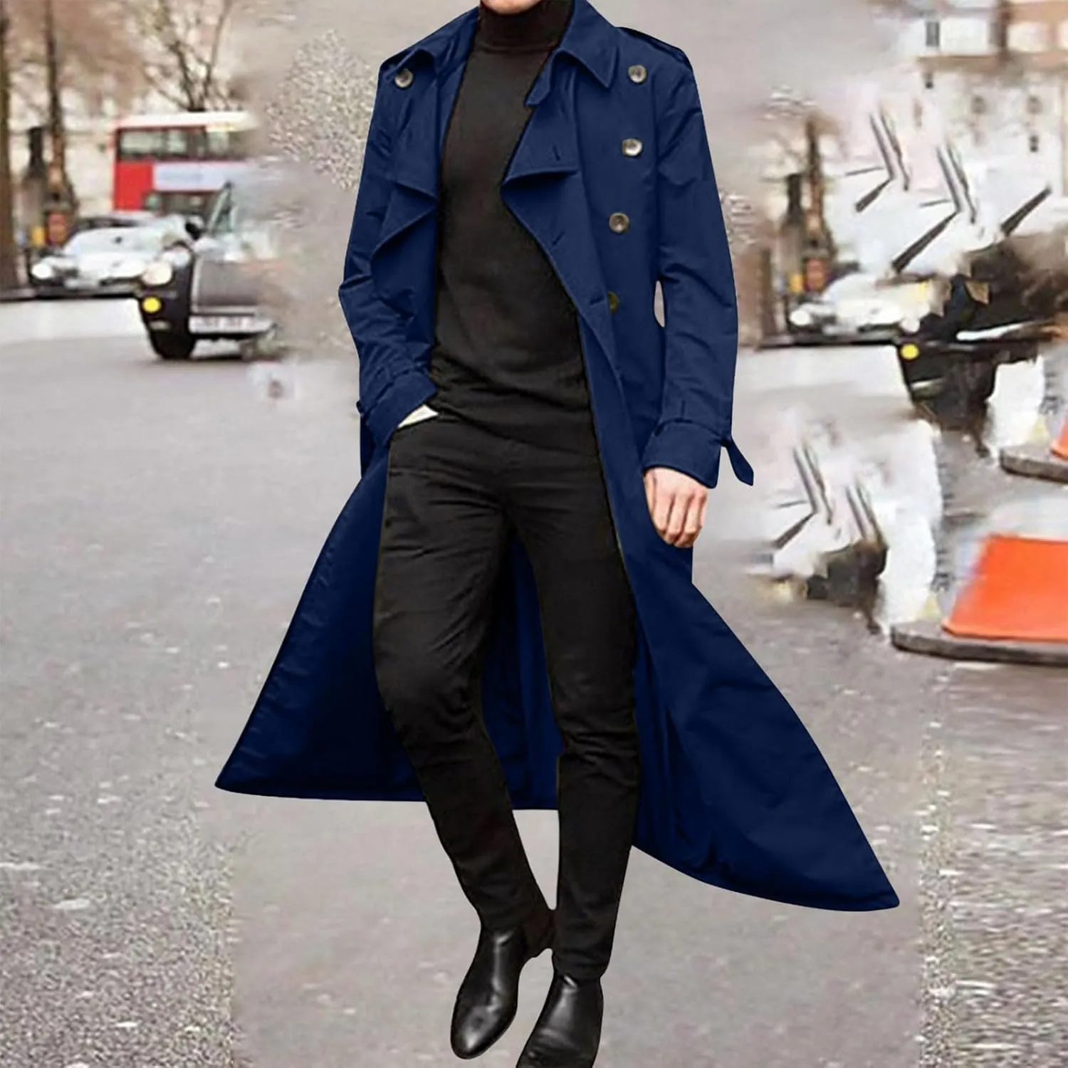 Trench Coats for Men Fall Long Jackets Double Breasted Overcoat Long Sleeve Tops Casual Business Outerwear with Pocket