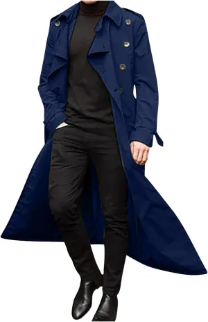 Trench Coats for Men Fall Long Jackets Double Breasted Overcoat Long Sleeve Tops Casual Business Outerwear with Pocket