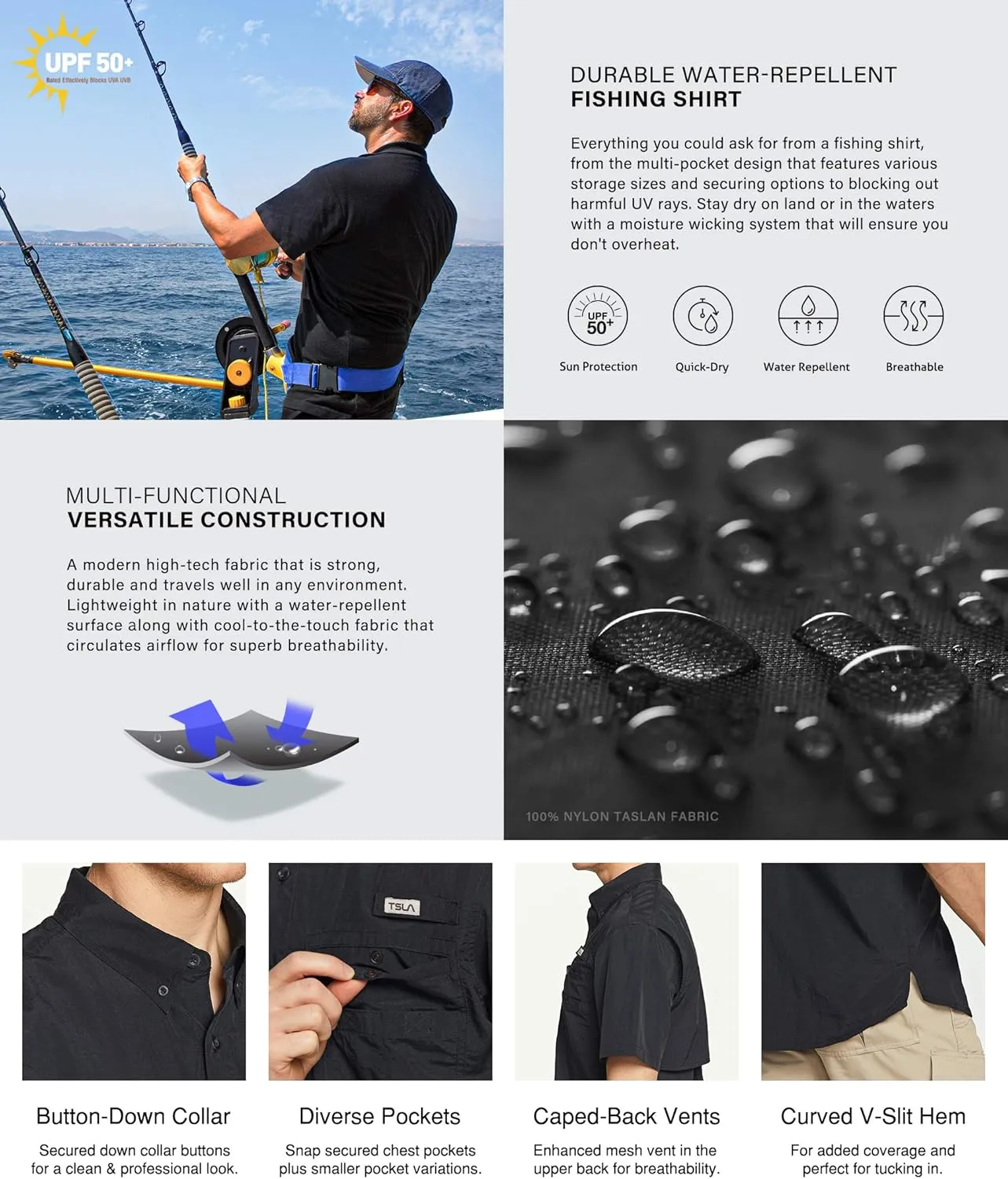 TSLA Men's Performance Fishing Shirt, UPF 50  Breathable Button Down Shirts, Outdoor Recreation Short Sleeve Shirt