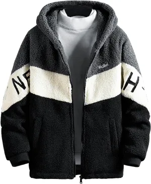 tuduoms Mens Big Tall Heavy Fleece Winter Coat Zip Up Fuzzy Sherpa Hoodie Sweatshirt Quilted Lined Warm Puffer Down Jacket
