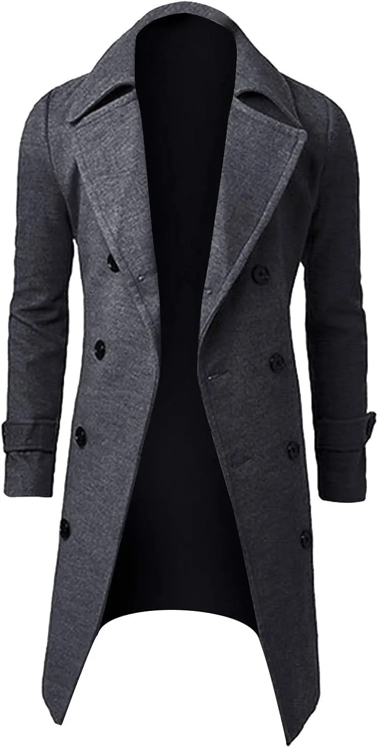tuduoms Men's Long Slim Peacoat Winter Business Wool Blazer Gentlemen Trench Coat Fashion Windbreaker Warm Long Top Overcoat